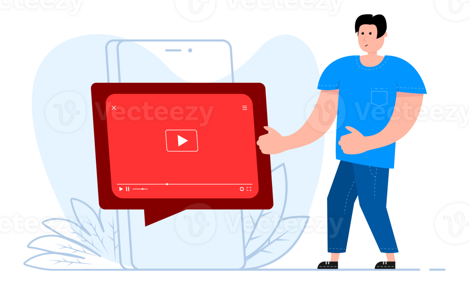 A man stands near the smartphone, on the screen web videos player or social media live stream. Movie internet media. tutorial. Live watching a png