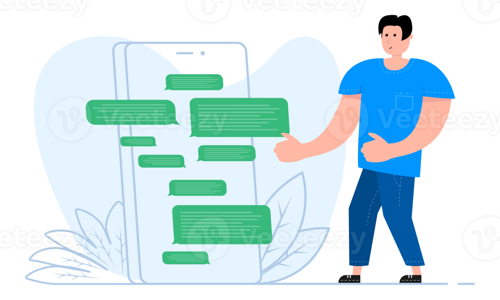 A man stands near the smartphone, on the screen messenger chat. Message, speech bubbles. png