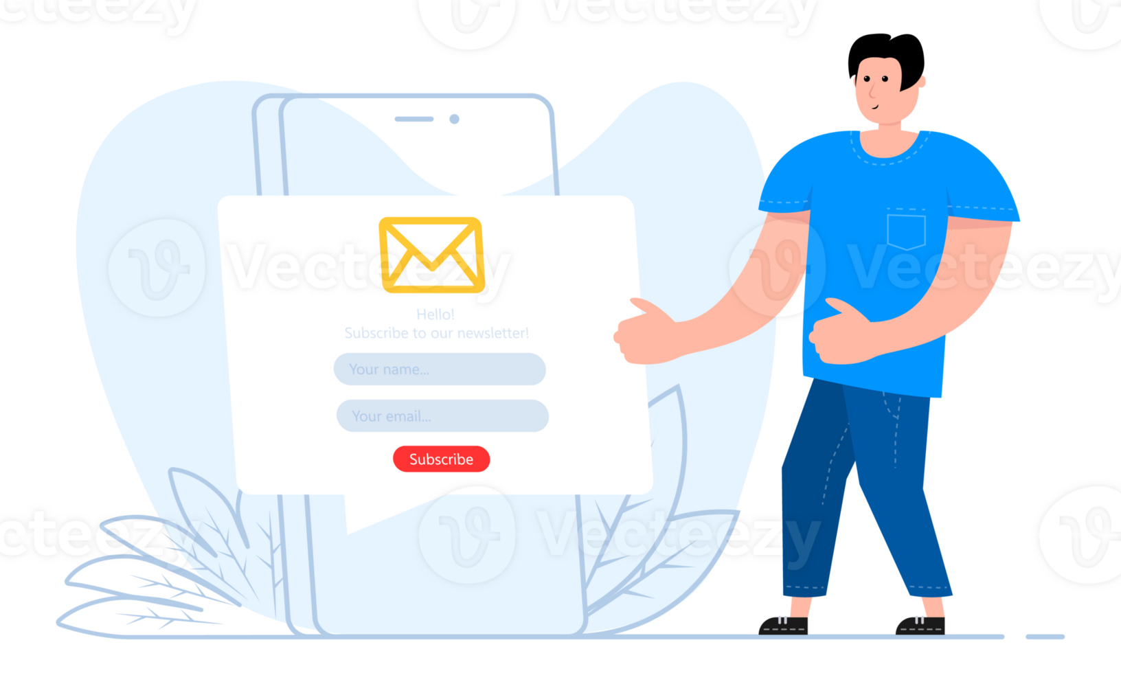 A man stands near the smartphone, on the screen Subscription to newsletter, Email Marketing png