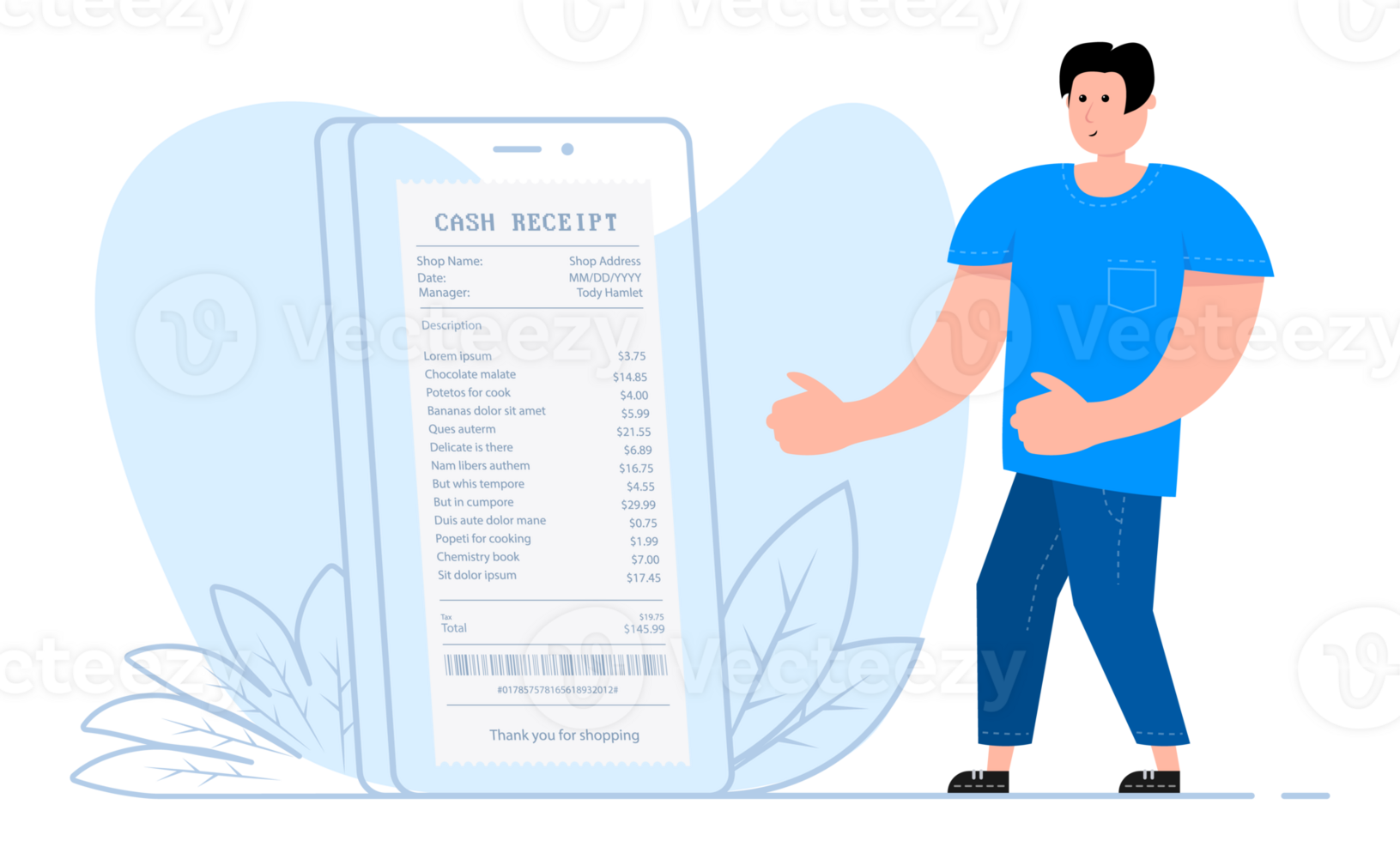 A man stands near the smartphone, on the screen cash receipt. Payment paper bills png