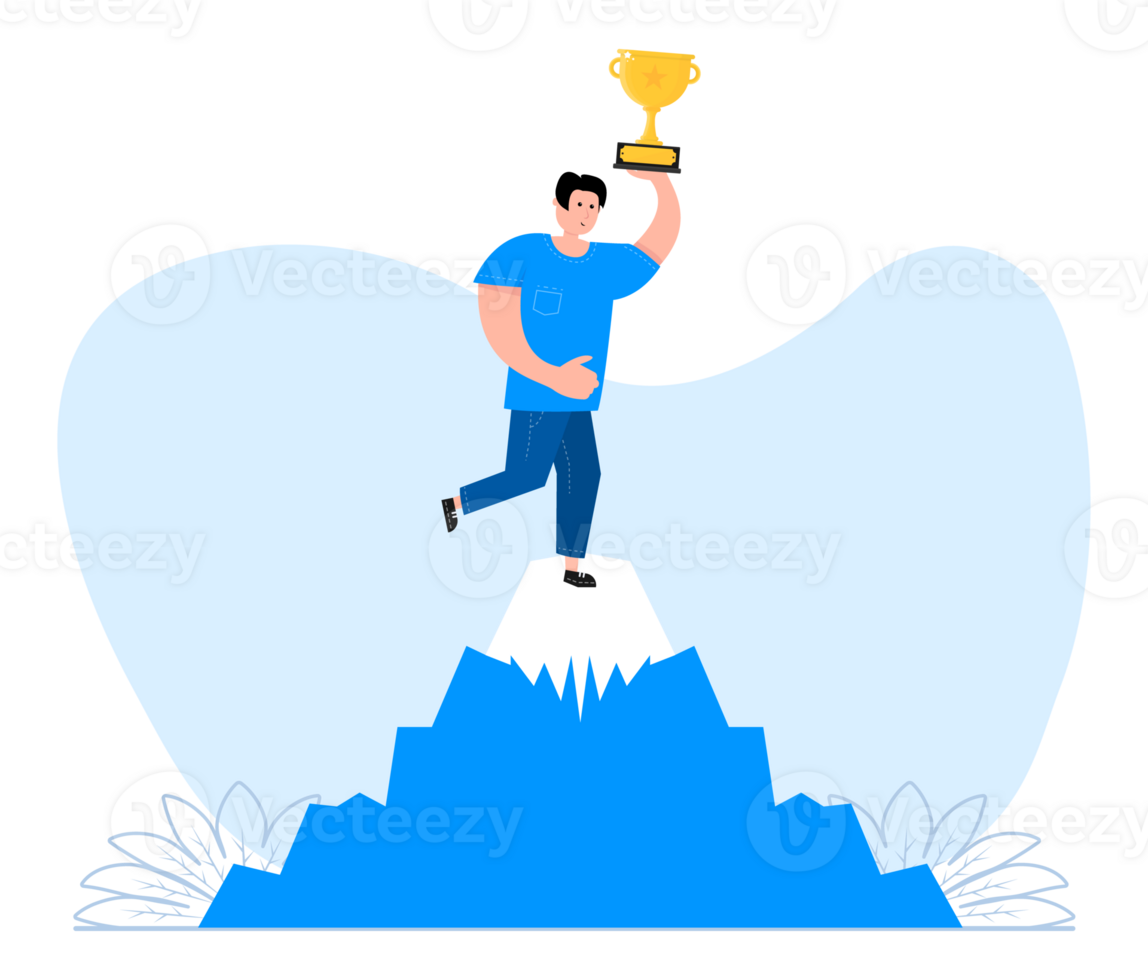Personal achievement. Man win stands on top of a mountain with a goblet in his hands. Best worker png
