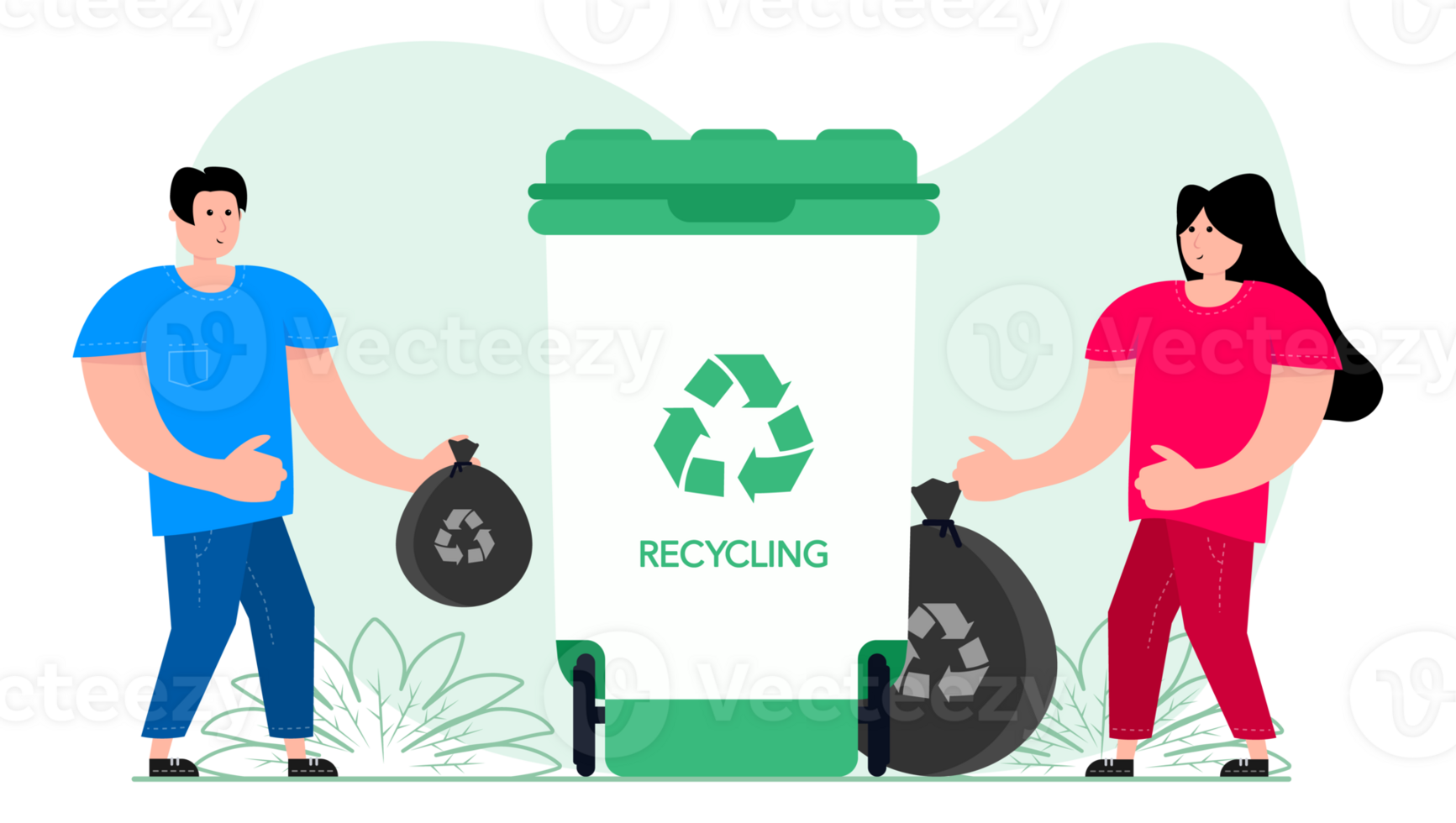 Man and woman standing next to a trash can. People sorting garbage. Saving ecology and recycling. png