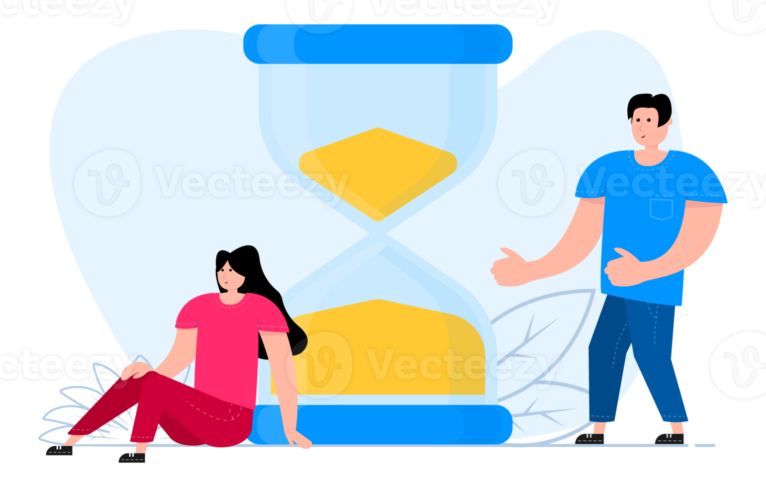 Man and woman stand near hourglass, alarm clock. Team working. Time management. png