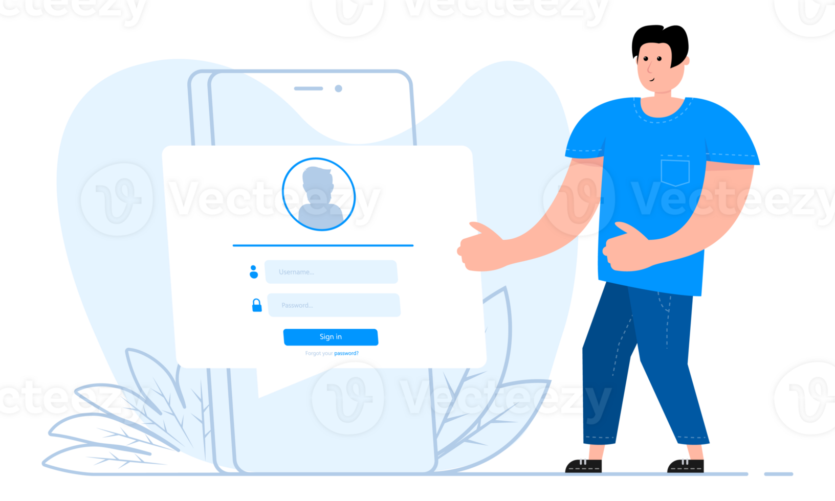 A man stands near the smartphone, on the screen Login page. User profile, access to account concept. png