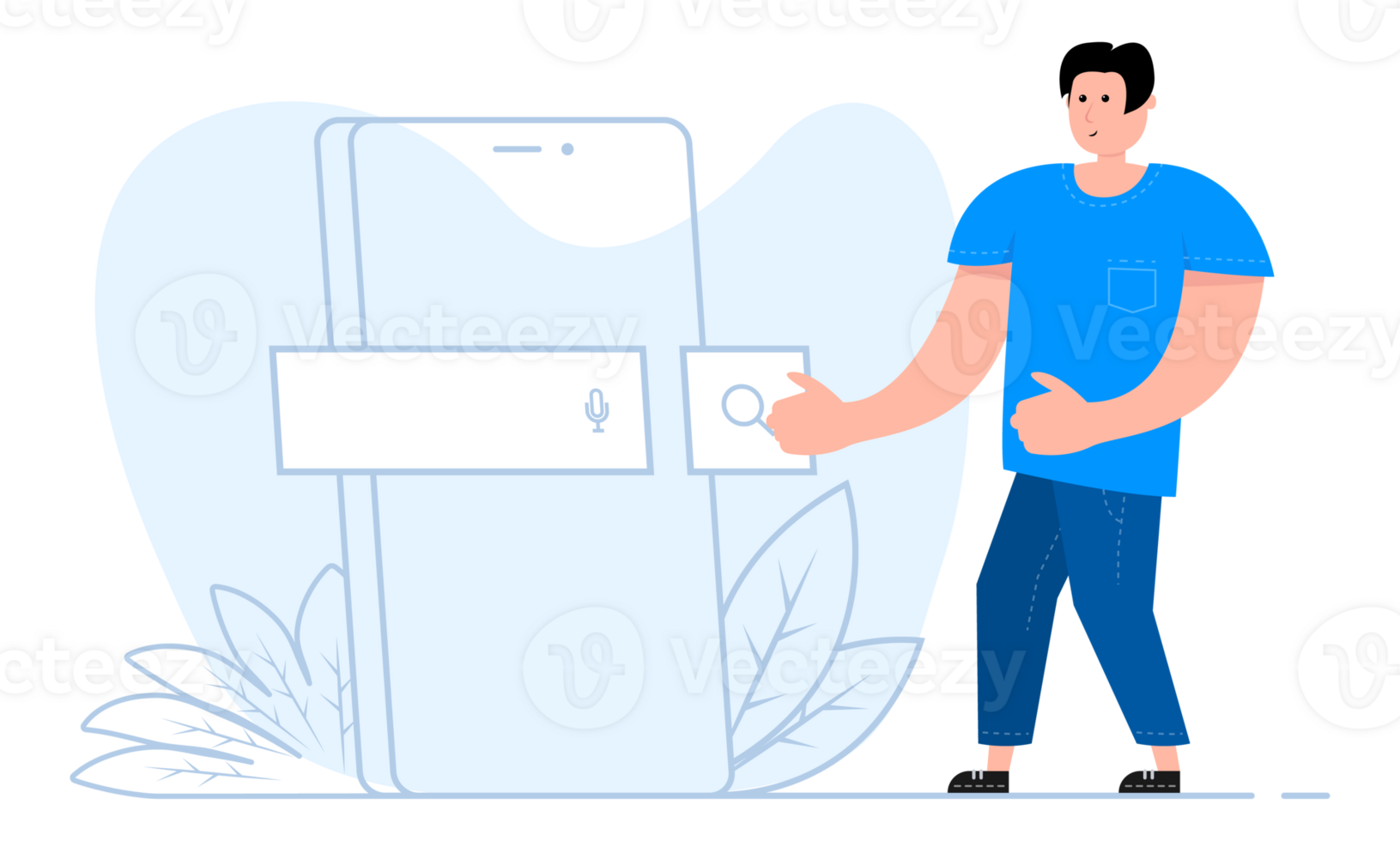 A man stands near the smartphone, on the screen Search Bar. Search Address and navigation bar. png