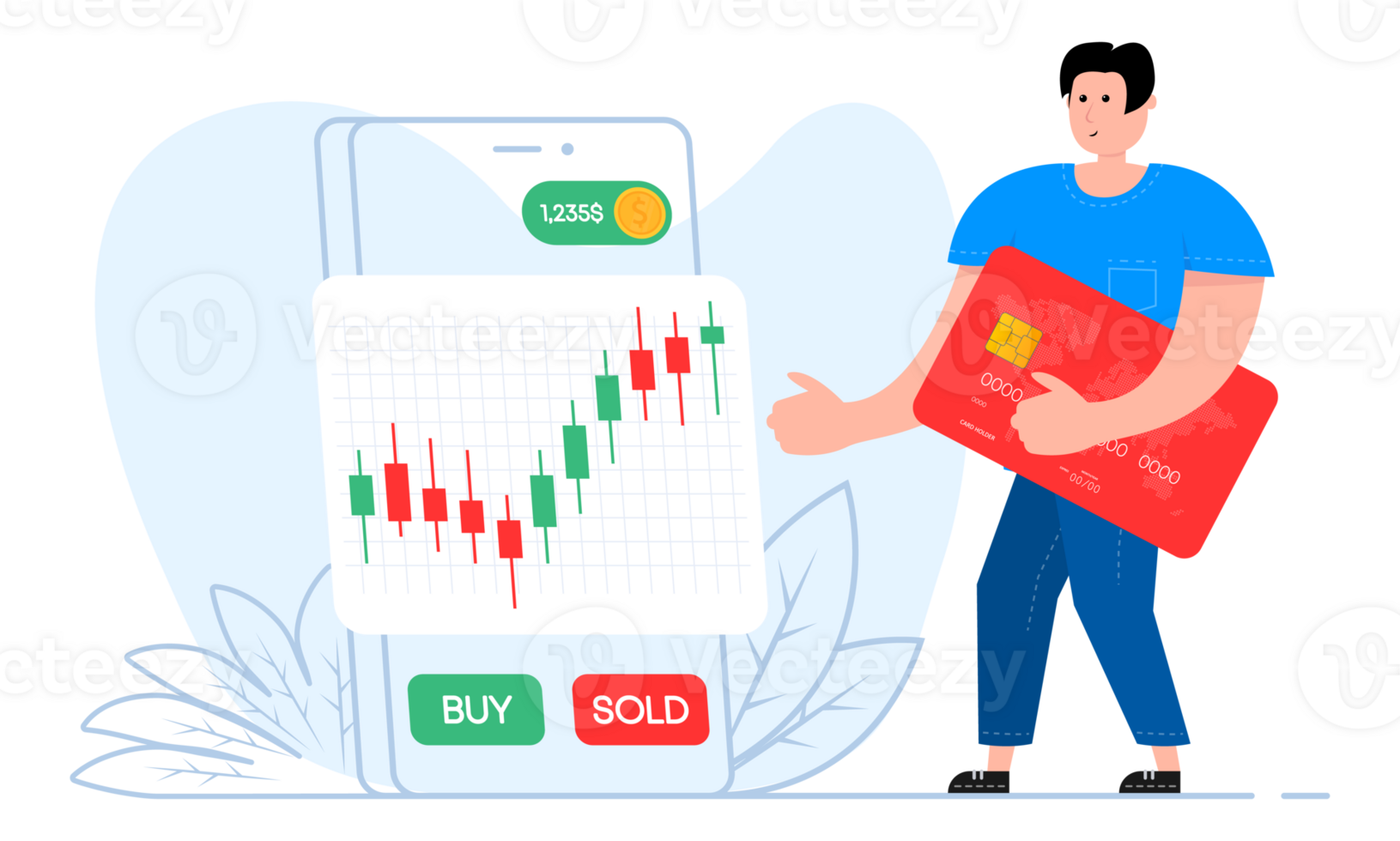 A man stands near the smartphone, on the screen Stocks market graph. Trading, forex. Excellent investing. png