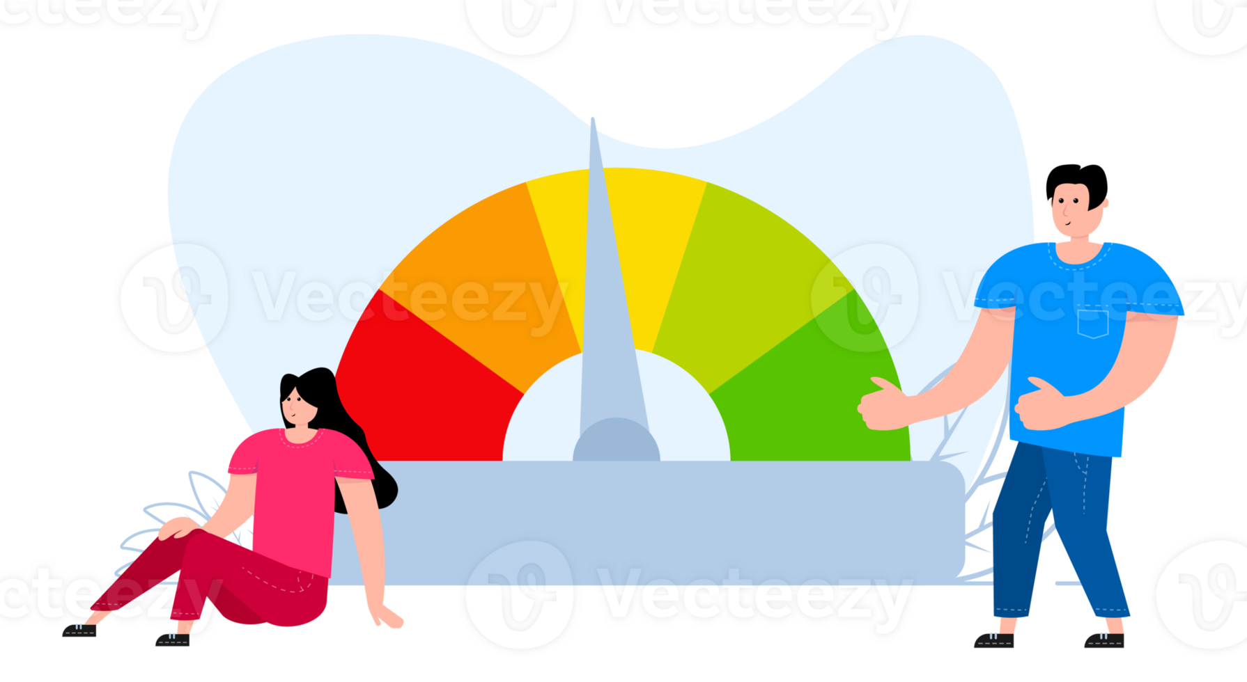 A man and a woman are standing near Satisfaction Quality Meter, Stress level. Optimization Page speed. png