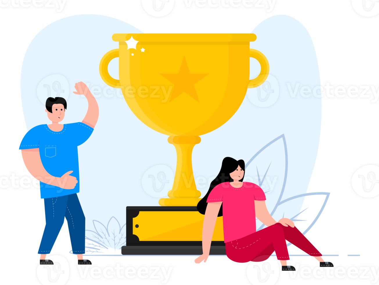 A man and a woman are standing near Trophy. Golden Cup. png