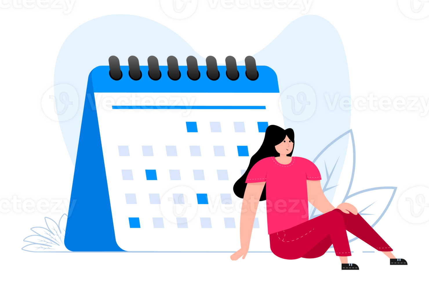 The girl sits near the calendar. Calendar Planning. Working and day planning. Reminder and timetable. png
