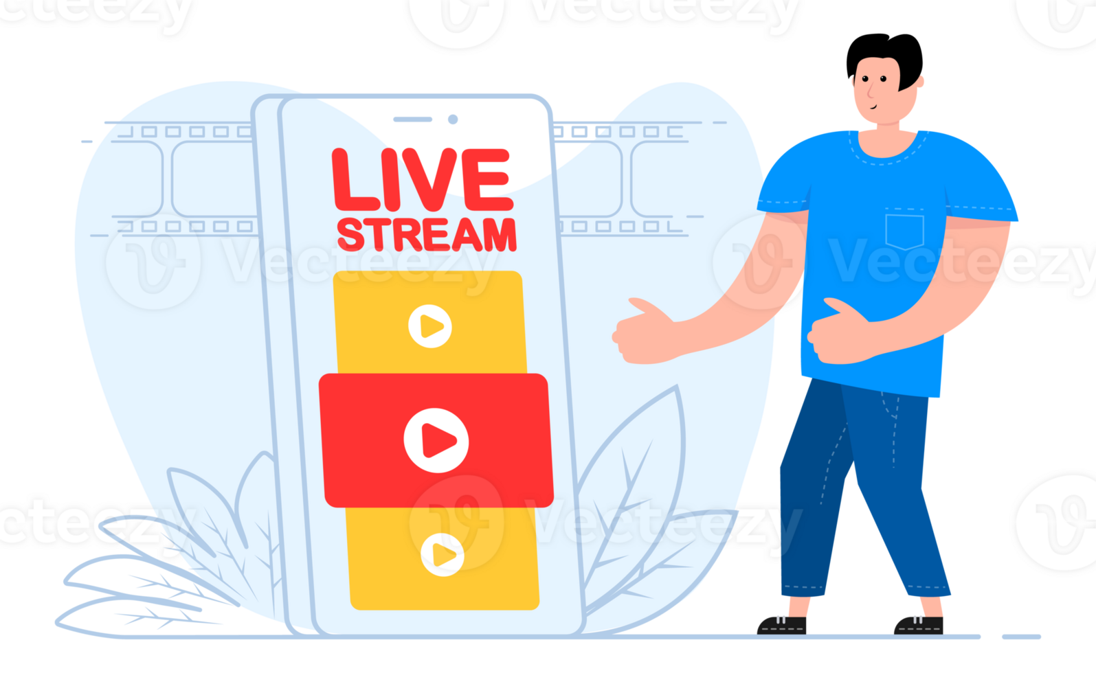 A man stands near the smartphone, on the screen live stream. Layer, broadcast, website. png