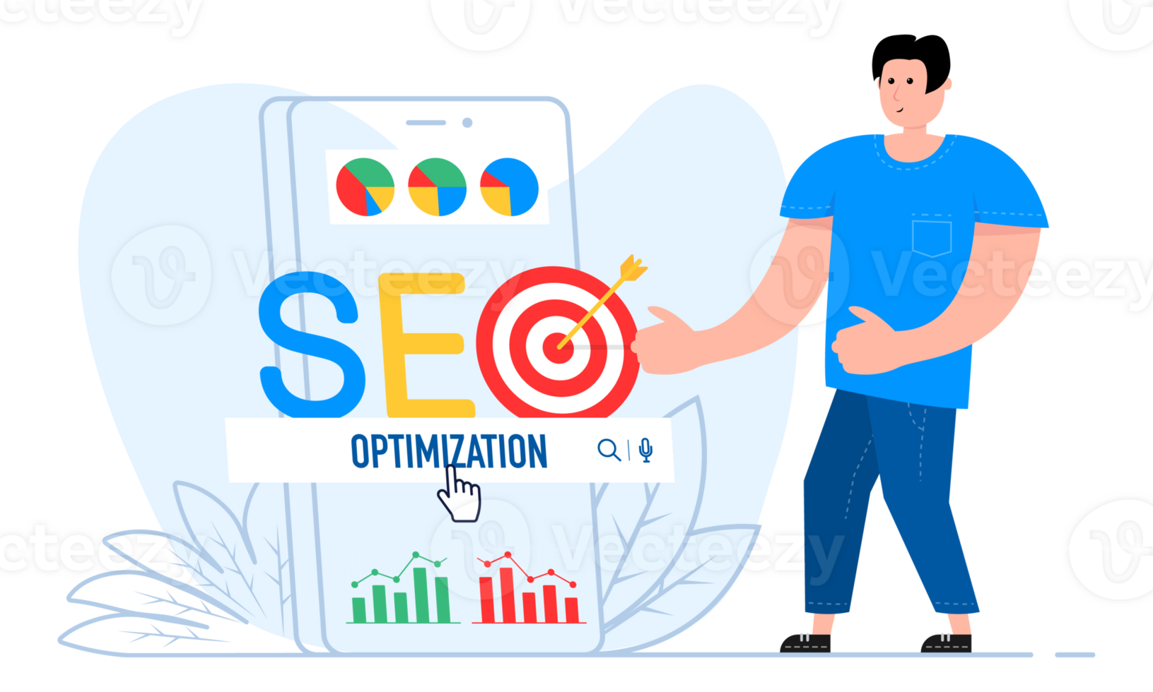 A man stands near the smartphone, on the screen SEO optimisation. Web analytics and seo marketing. png