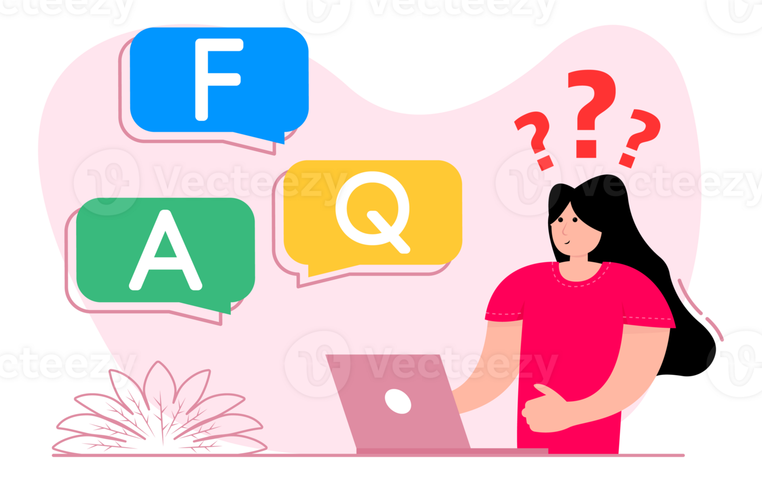 A woman stands near the smartphone, on the screen bubble aasked questions FAQ. png