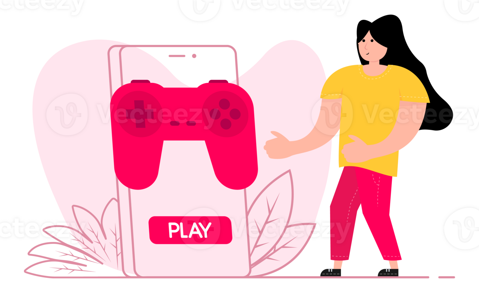 A woman stands near the smartphone, on the screen Game Controller. Playing Game. png