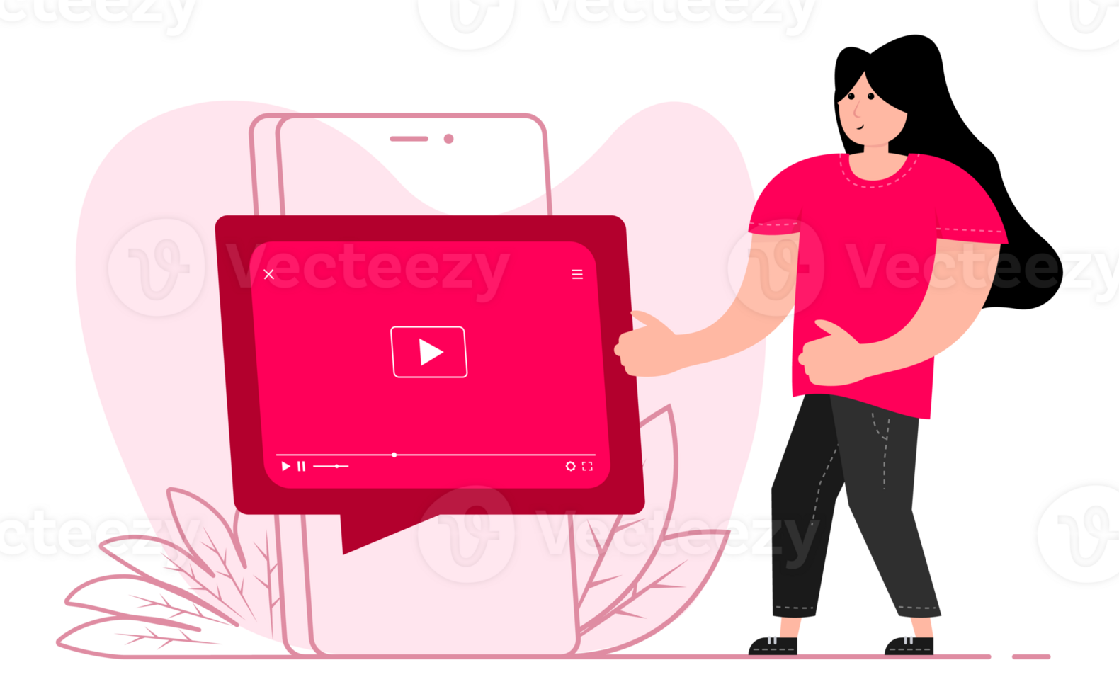 A man stands near the smartphone, on the screen web videos player or social media live stream. Movie internet media. tutorial. Live watching a png