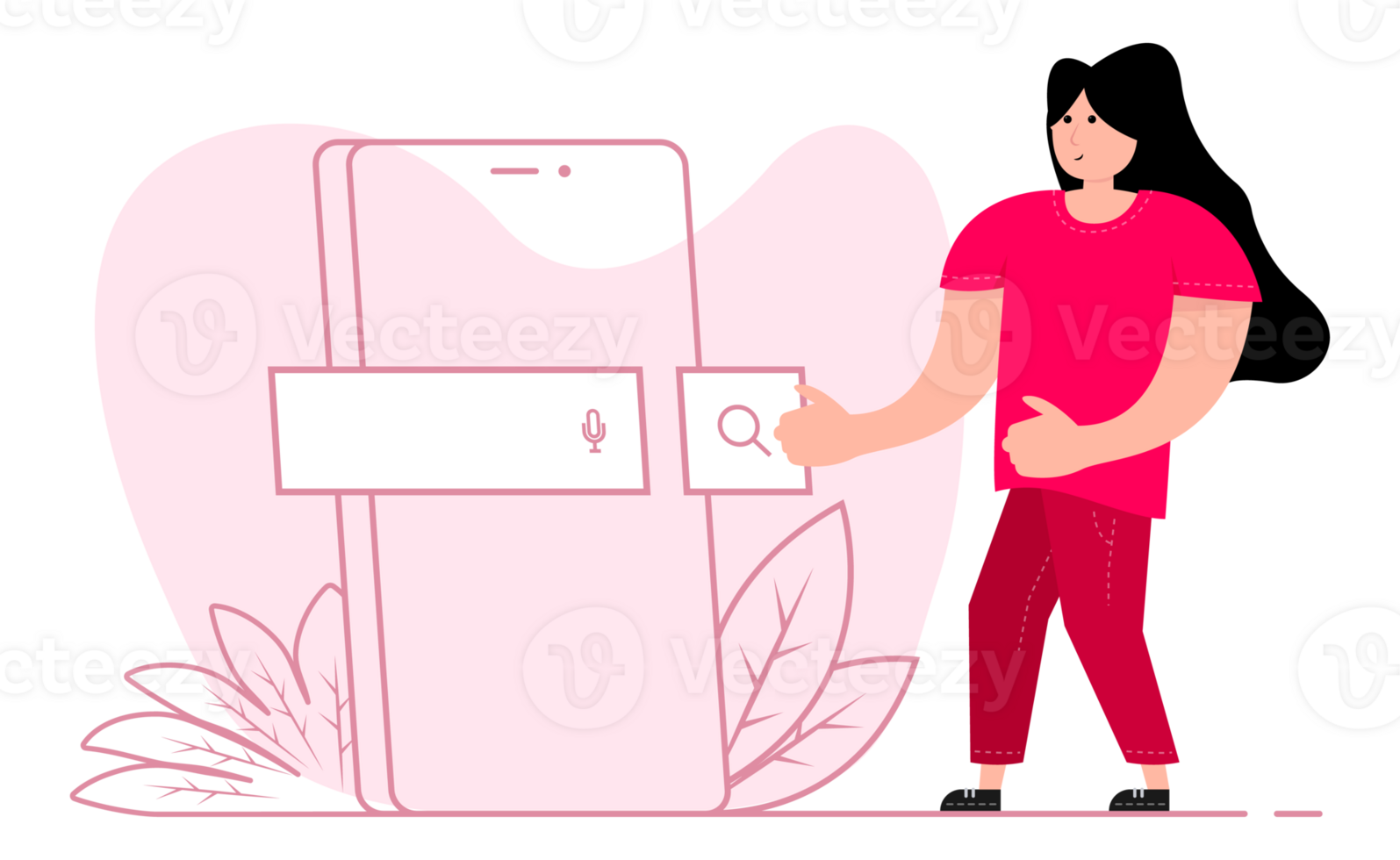 A woman stands near the smartphone, on the screen Search Bar. Search Address and navigation bar. png