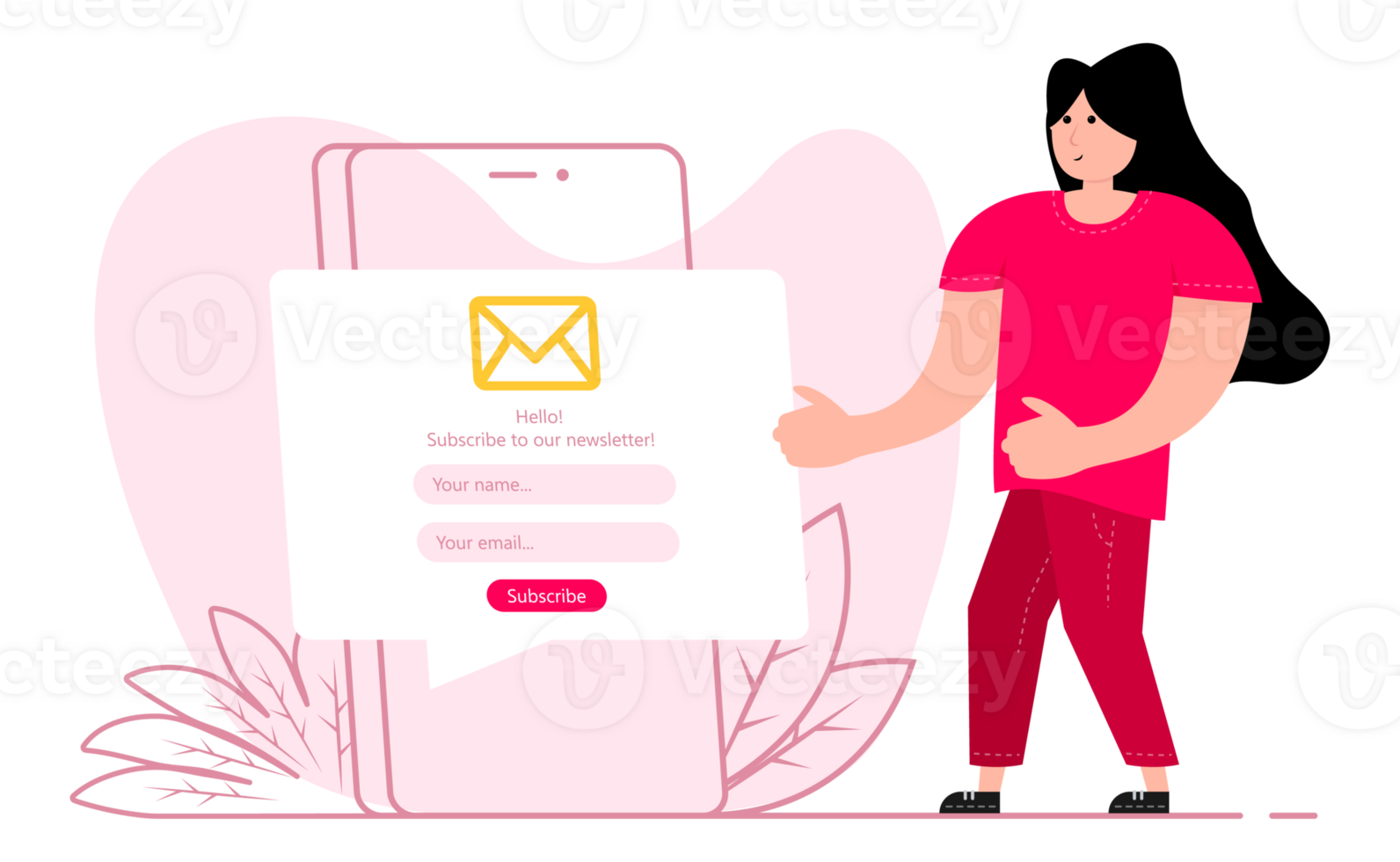A woman stands near the smartphone, on the screen Subscription to newsletter, Email Marketing png
