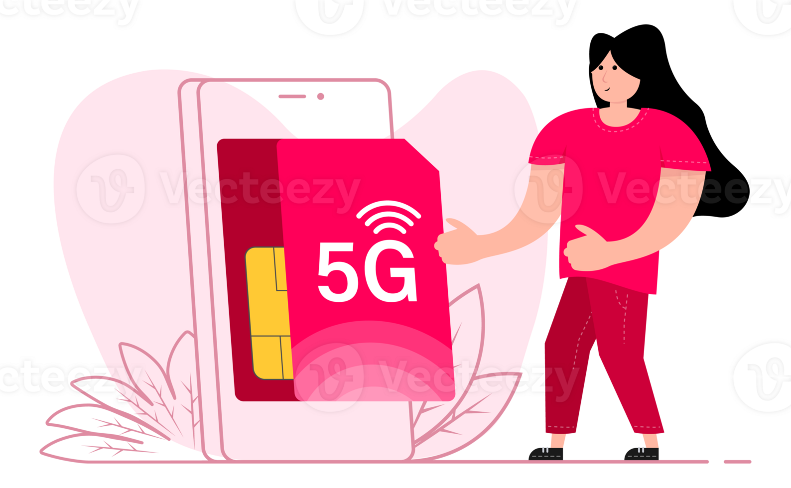 A woman stands near the smartphone, on the screen 5G Sim Card. Mobile telecommunications technology. png