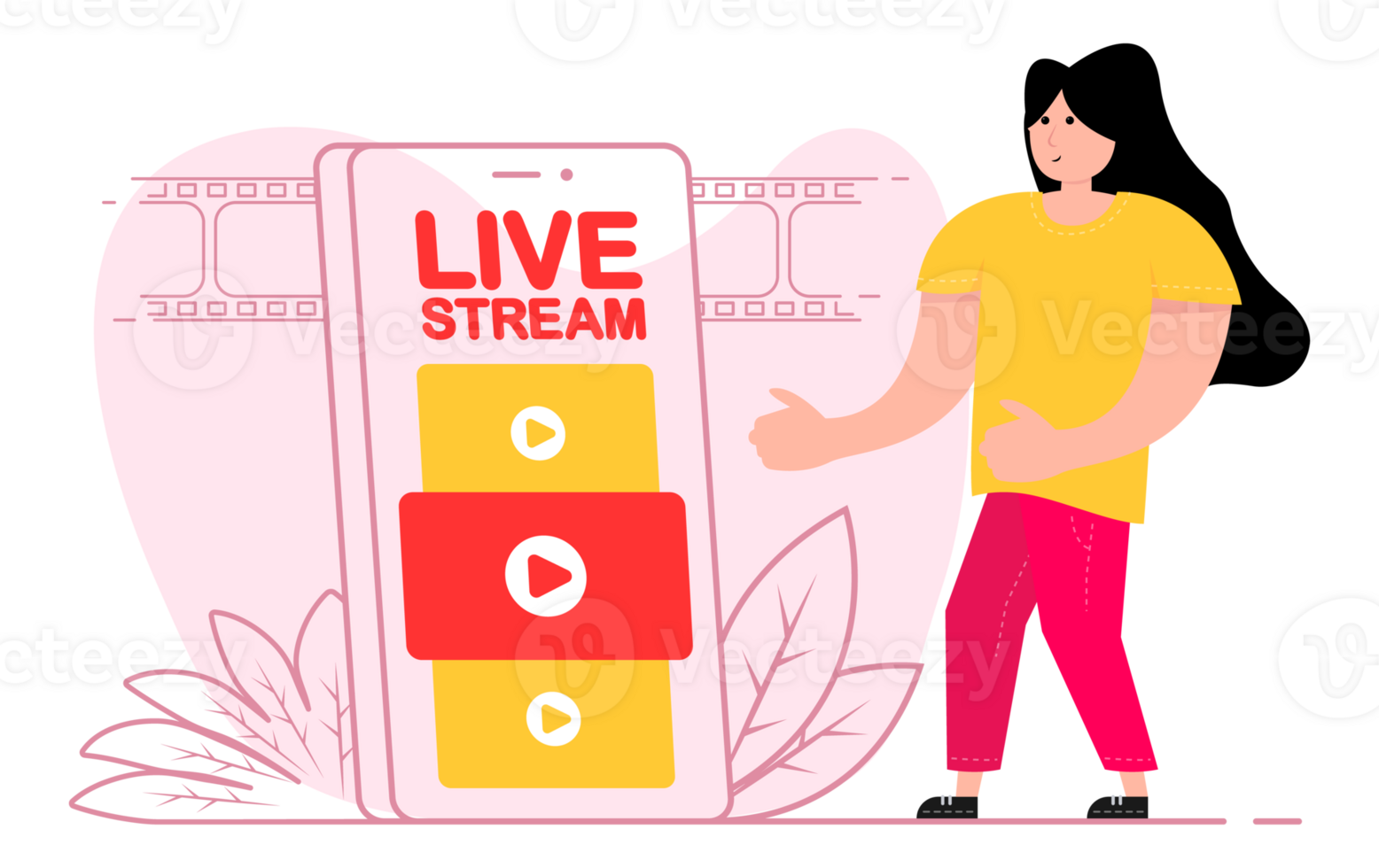 A woman stands near the smartphone, on the screen live stream. Layer, broadcast, website. png