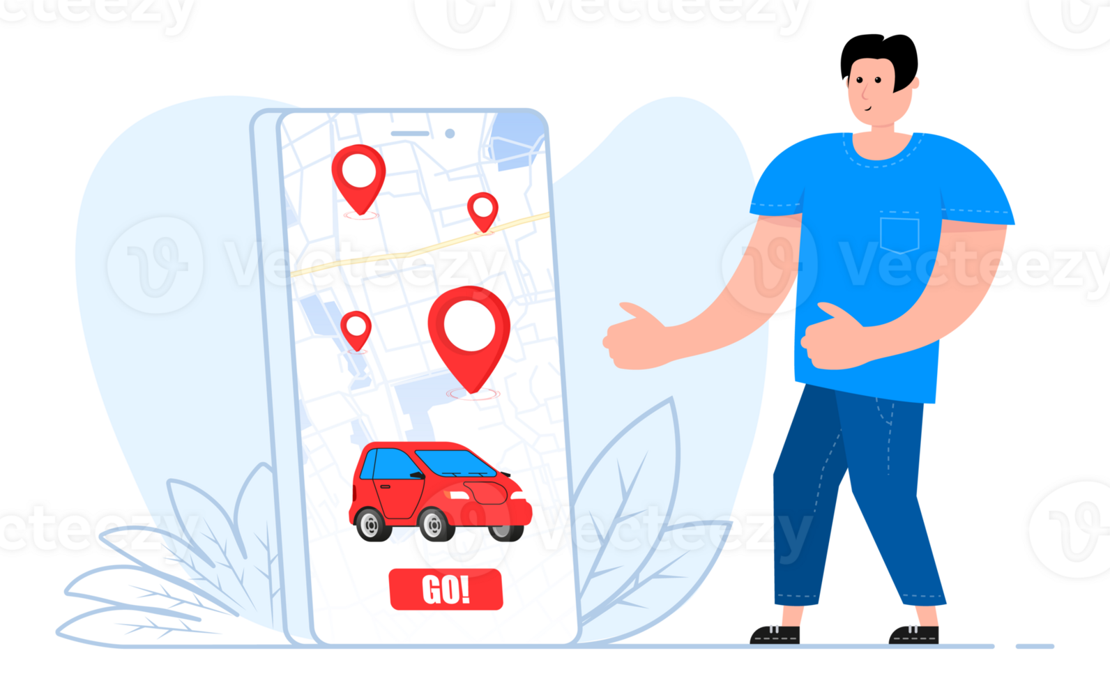 A man stands near the smartphone, on the screen car sharing and rent service. Mobile app ordering automobile. png