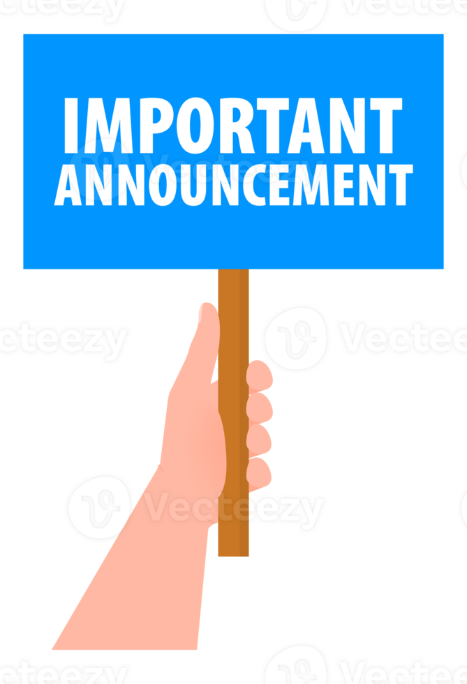 Hand holding placard with space for text Important Announcement png