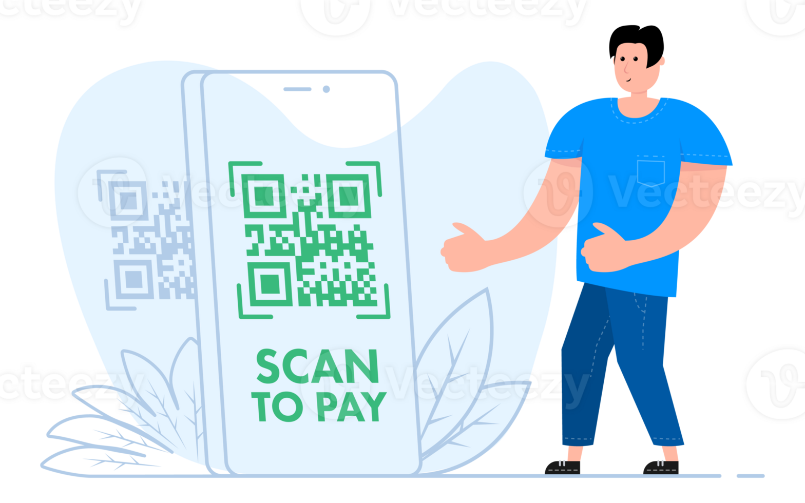 A man stands near the smartphone, on the screen qr code and text scan to pay. QR code payment png