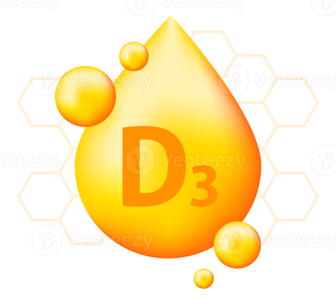 Vitamin D3 with realistic drop. Particles of vitamins in the middle png