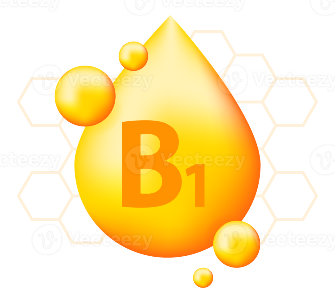 Vitamin B1 with realistic drop. Particles of vitamins in the middle. png