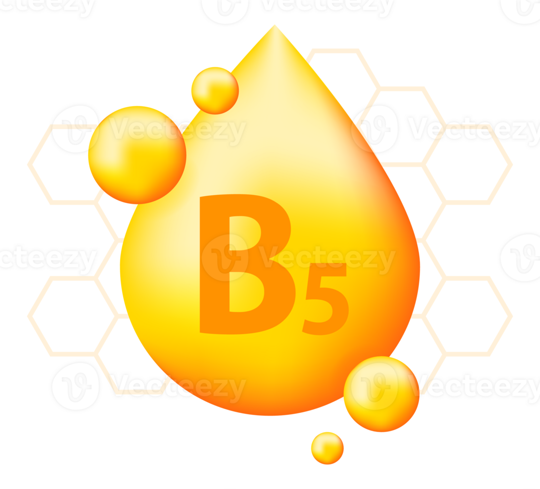 Vitamin B5 with realistic drop. Particles of vitamins in the middle. png