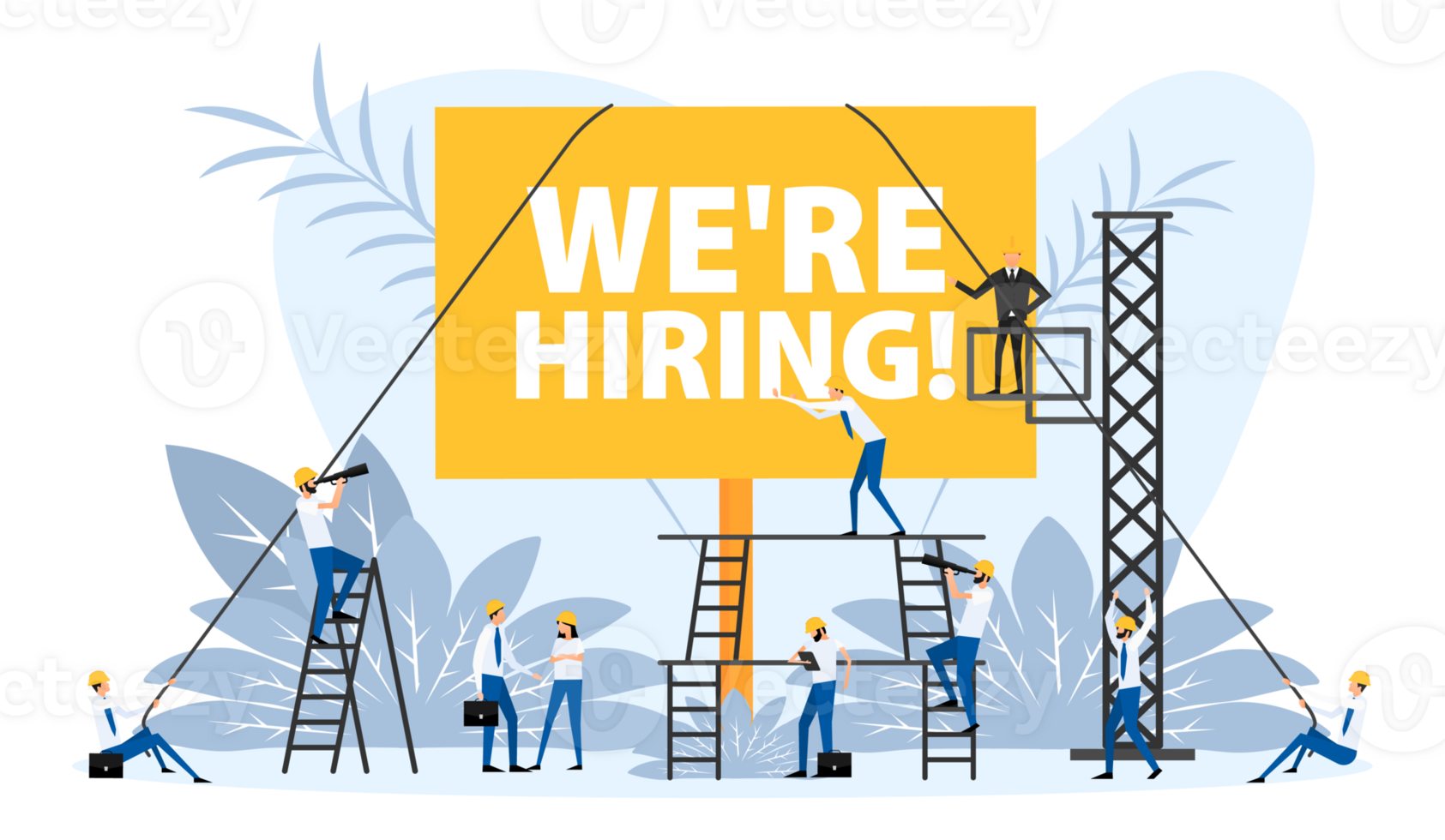 People stand near the placard we're hiring. Hand holding blank placard png