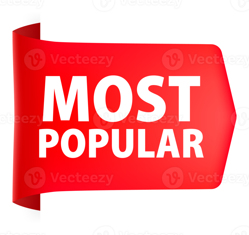 Most popular red label with ribbon. illustration png