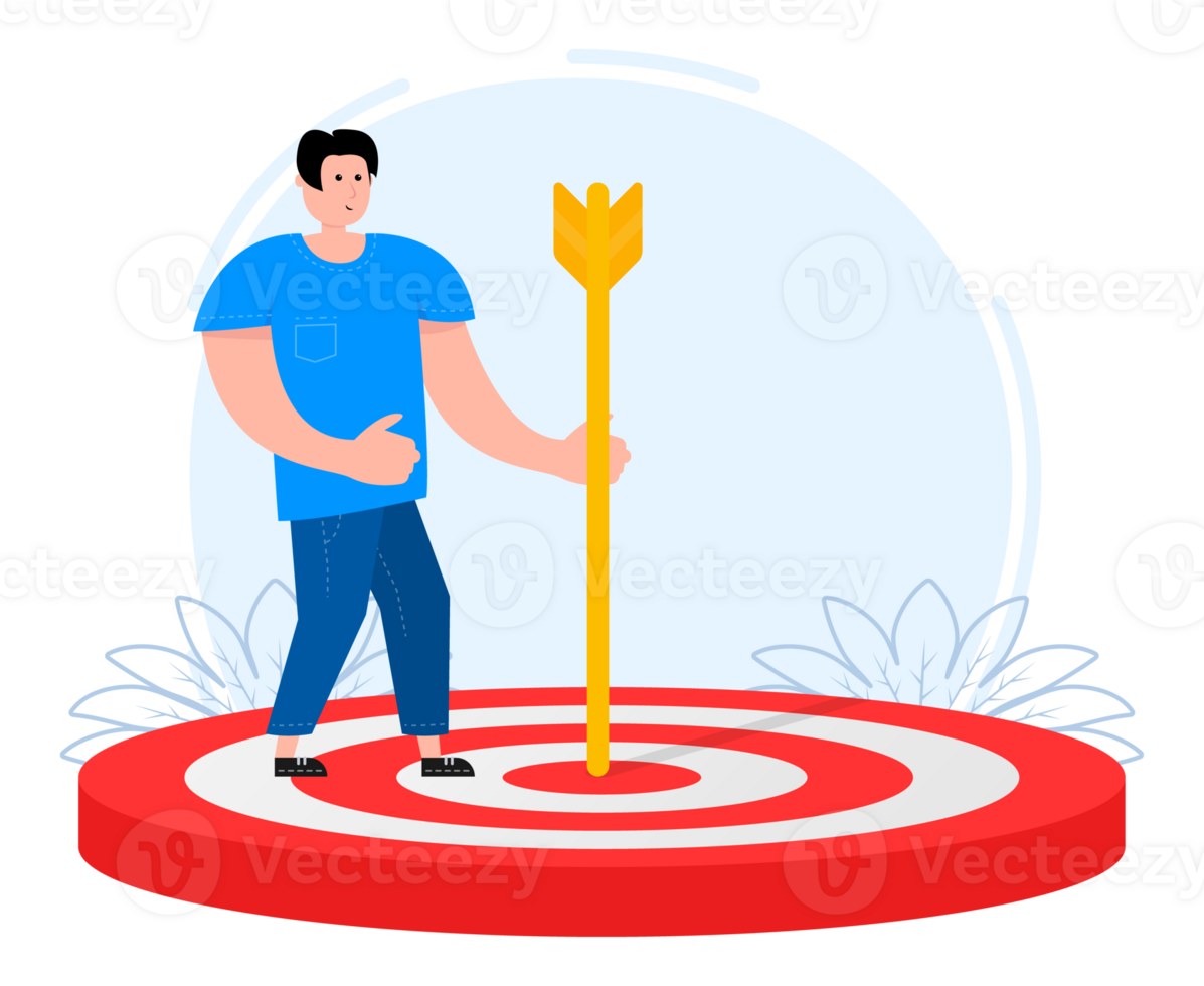 Team target or achievement. A man stands on a target and holds an arrow. Customer attraction png