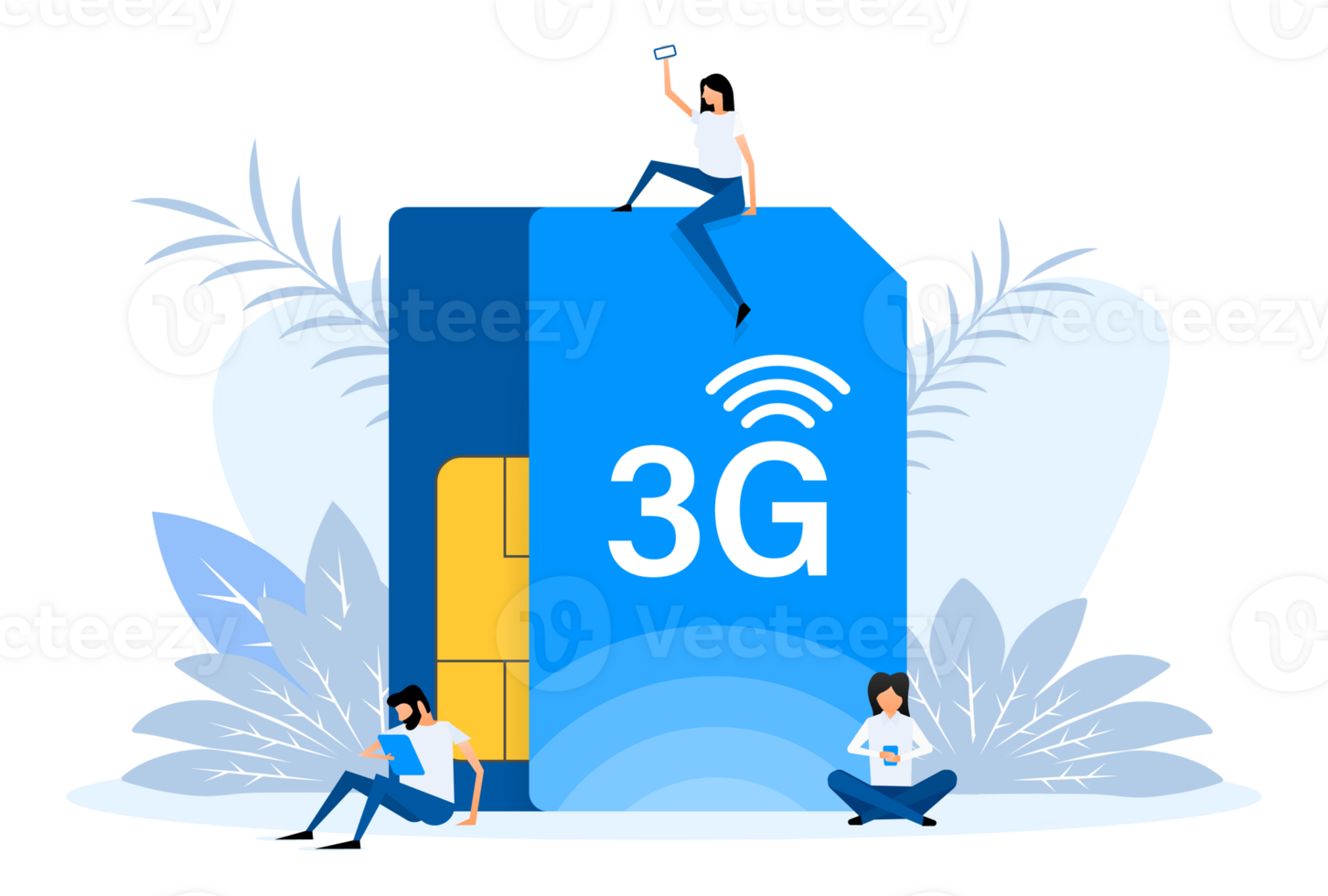 3g network technology. Internet systems telecommunication service. People stand near big sim cards png
