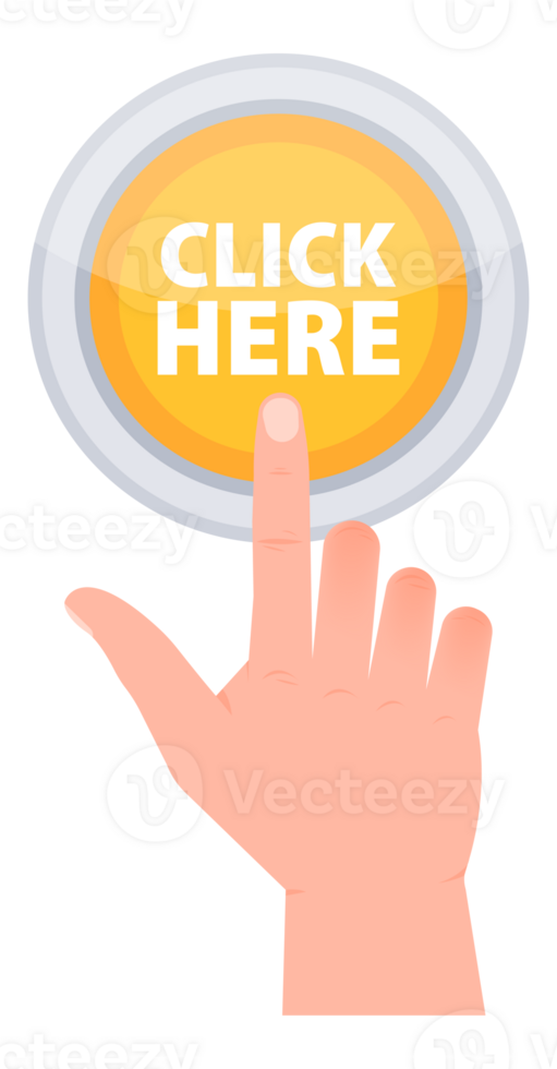 Red button with help text click here. Hand pressing click here button png