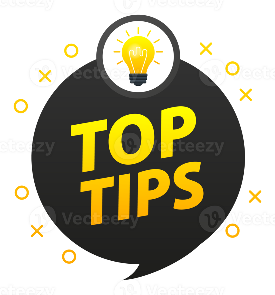 Top tips label with light bulb. Helpful tricks, tooltip png