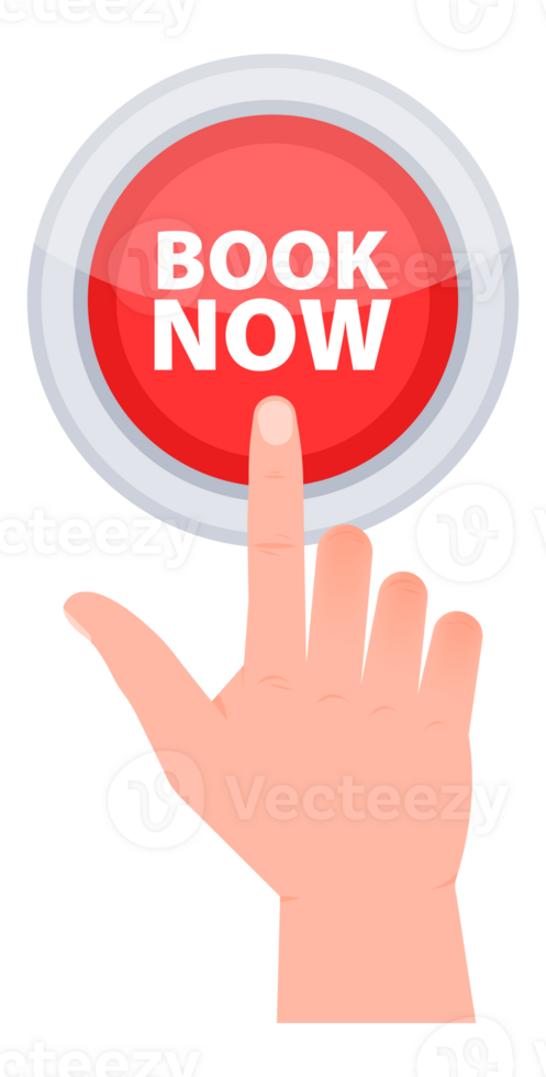 Red button with help text book now. Hand pressing book now button png