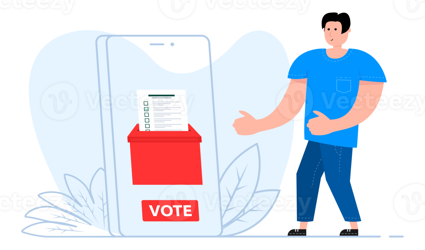 A man stands near the smartphone, on the screen Online voting. Government services application. png