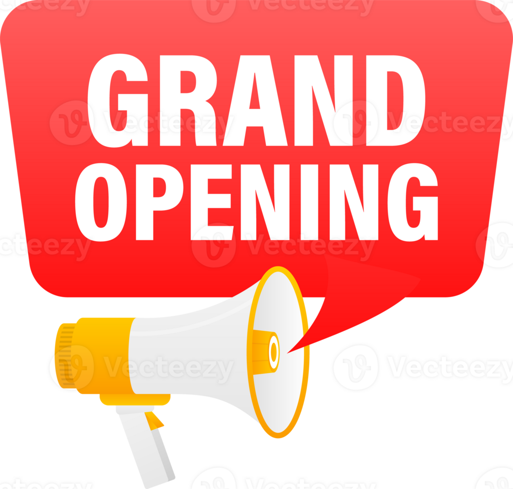 Megaphone label set with text grand opening. Grand opening announcement banner png