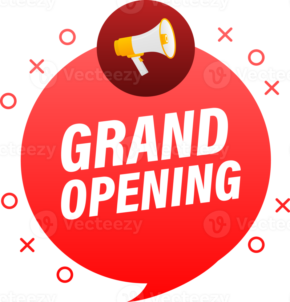 Megaphone label set with text grand opening. Grand opening announcement banner png