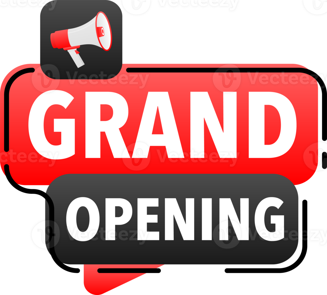 Megaphone label set with text grand opening. Grand opening announcement banner png