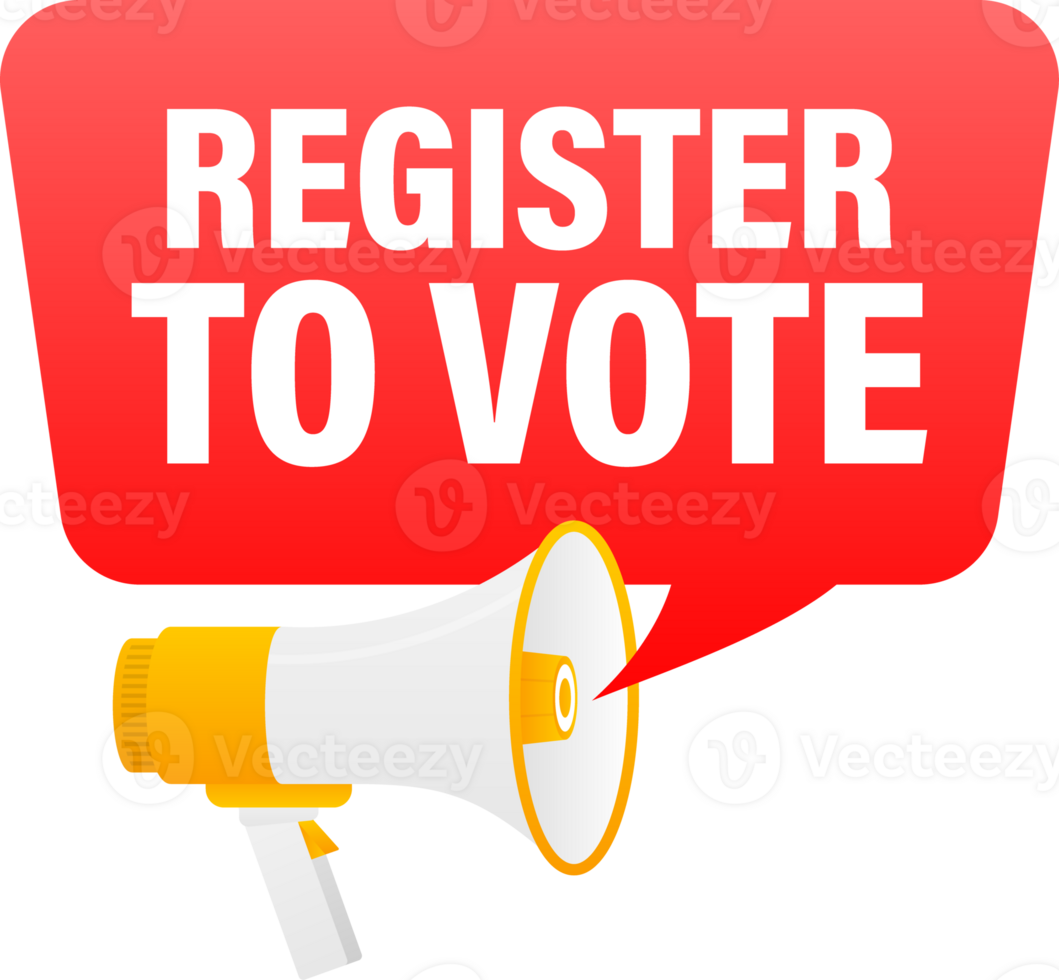 Megaphone label set with text register to vote. Register to vote announcement banner png