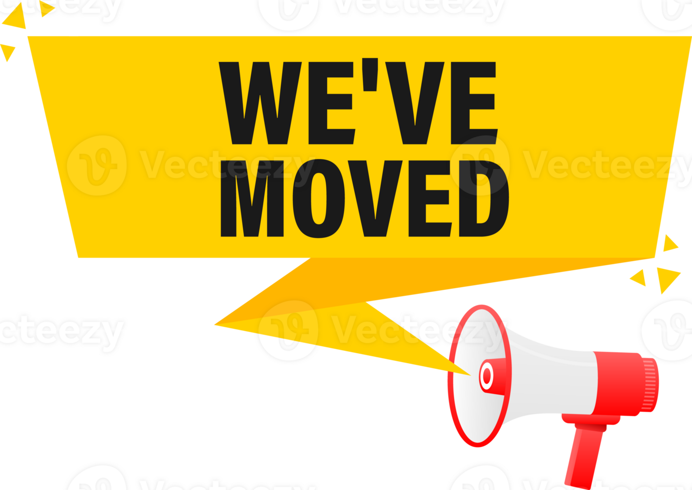 Megaphone label set with text We have moved. We have moved announcement banner png