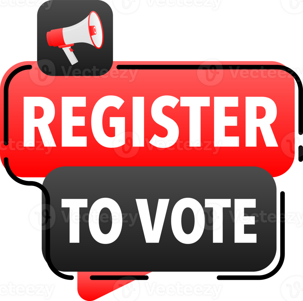 Megaphone label set with text register to vote. Register to vote announcement banner png