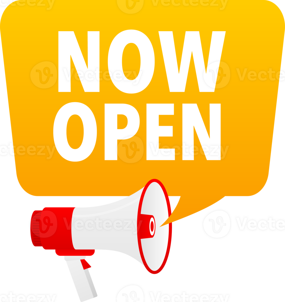 Megaphone label set with text Now open. Now open announcement banner png