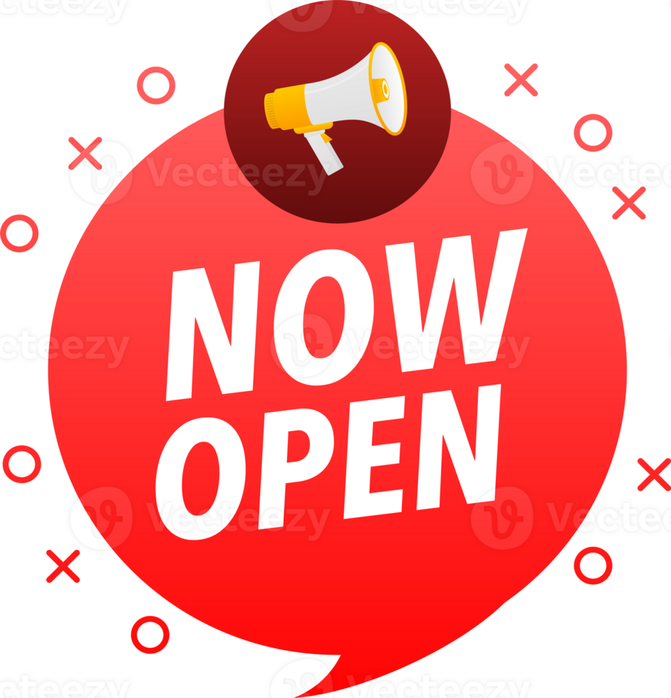 Megaphone label set with text Now open. Now open announcement banner png