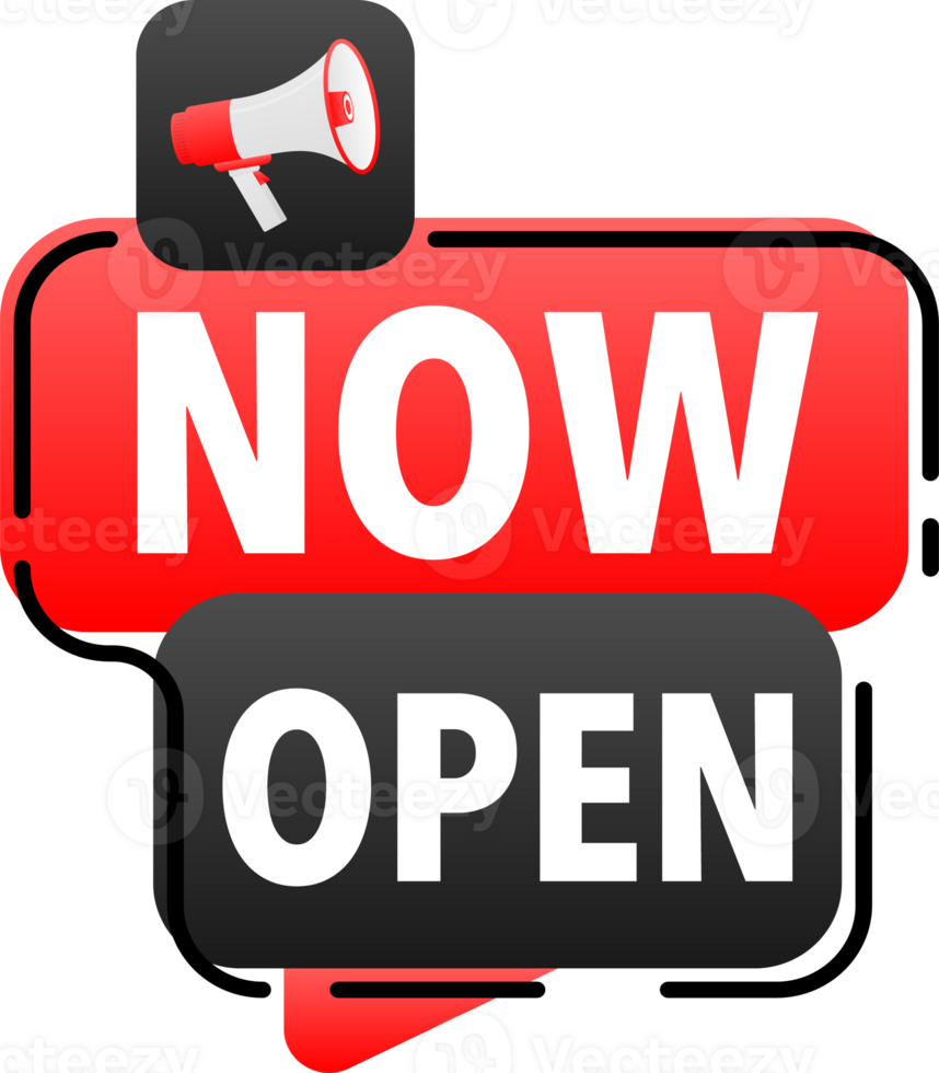 Megaphone label set with text Now open. Now open announcement banner png