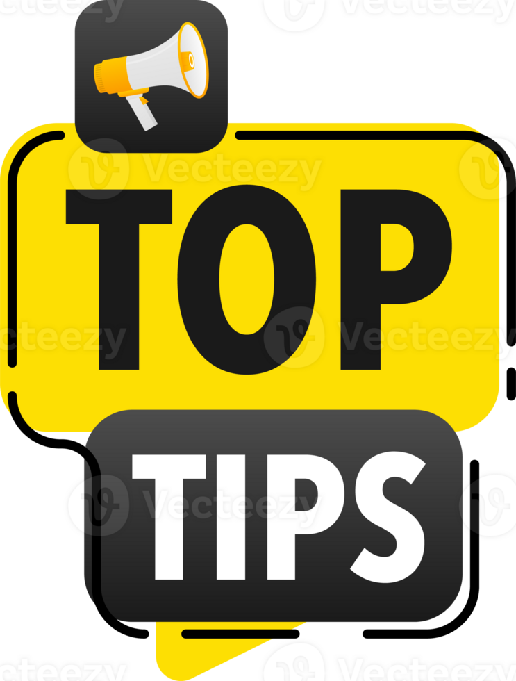 Megaphone label set with text top tips. Top tips announcement banner png