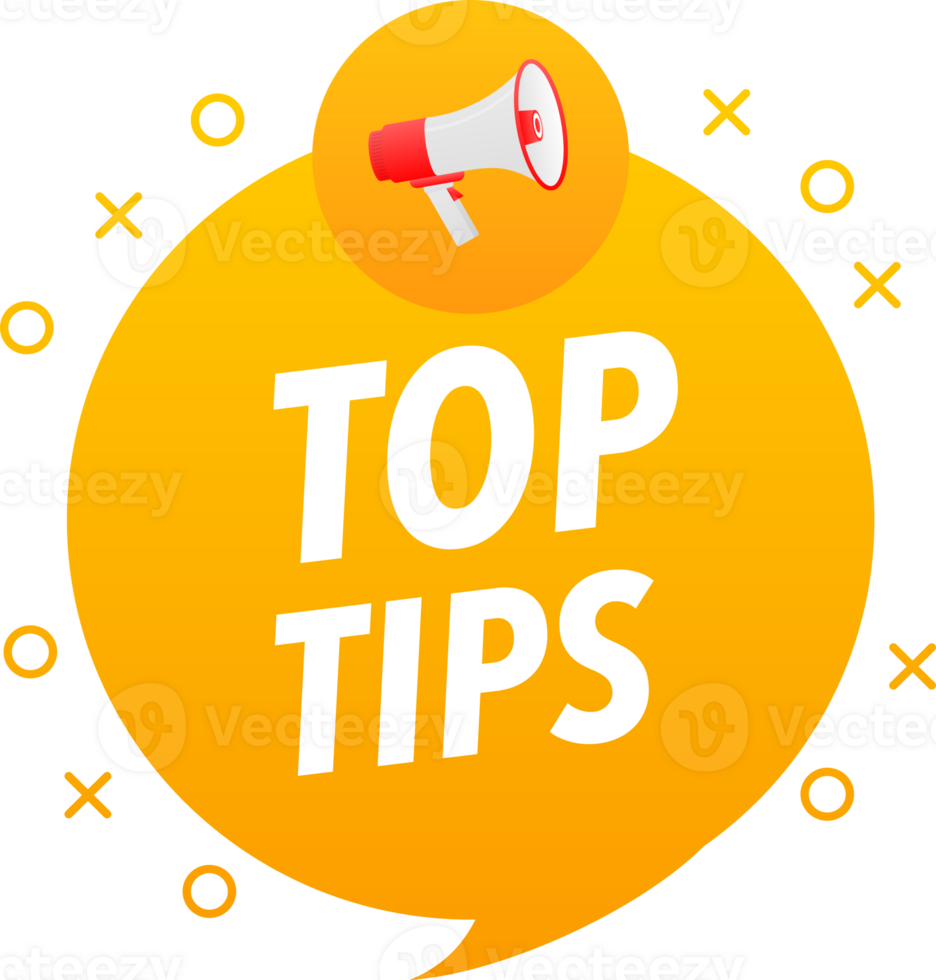 Megaphone label set with text top tips. Top tips announcement banner png