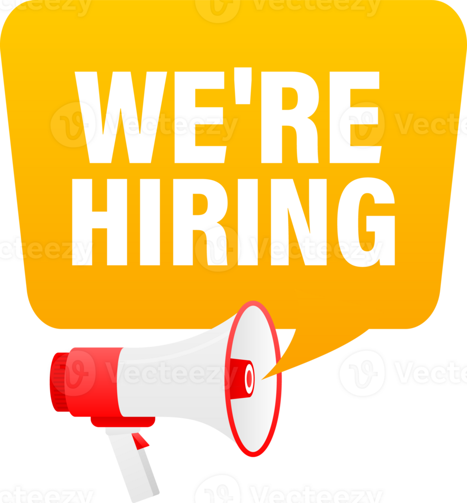 Megaphone label set with text We are hiring. We are hiring announcement banner png