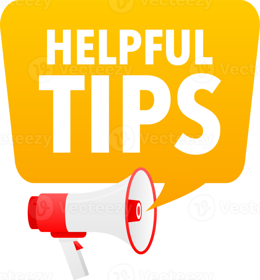 Megaphone label set with text helpful tips. Helpful tips announcement banner png