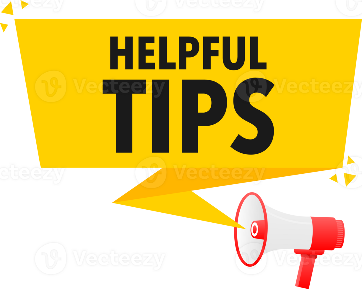 Megaphone label set with text helpful tips. Helpful tips announcement banner png